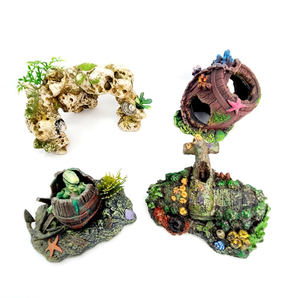 Aquarium Ornament Lot 4pc Pirate Shipwreck Skeleton Rock Arch Fish Tank Decor